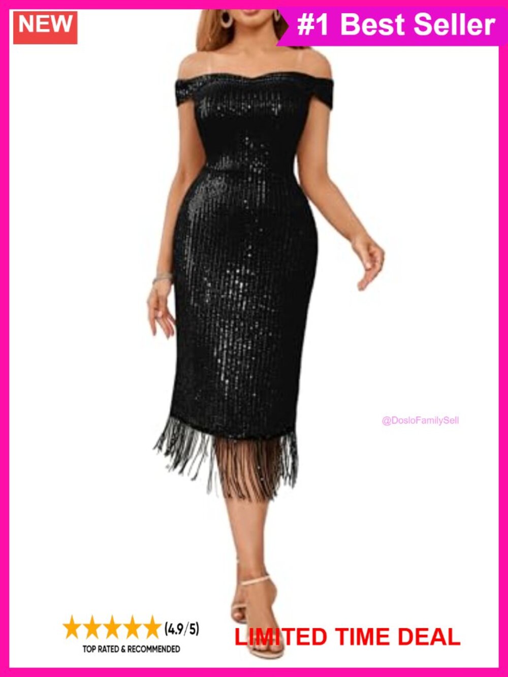 Off Shoulder Sequin Fringe Bodycon Midi Dress Party